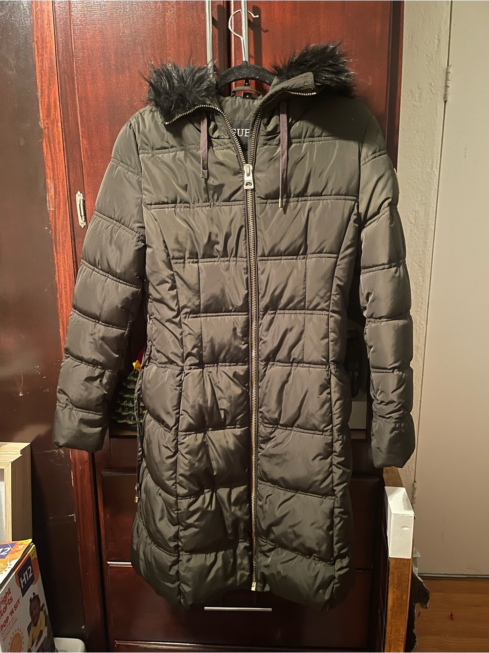 Guess Olive Green Quilted Long Puffer Coat with Faux Fur Trim Hood